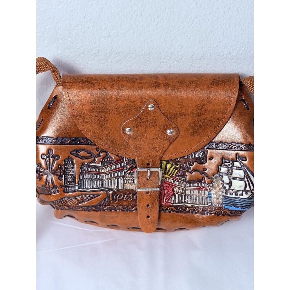 Vintage Pisa Italy Tooled Leather Crossbody Bag Made in Italy Hand Painted Mint
